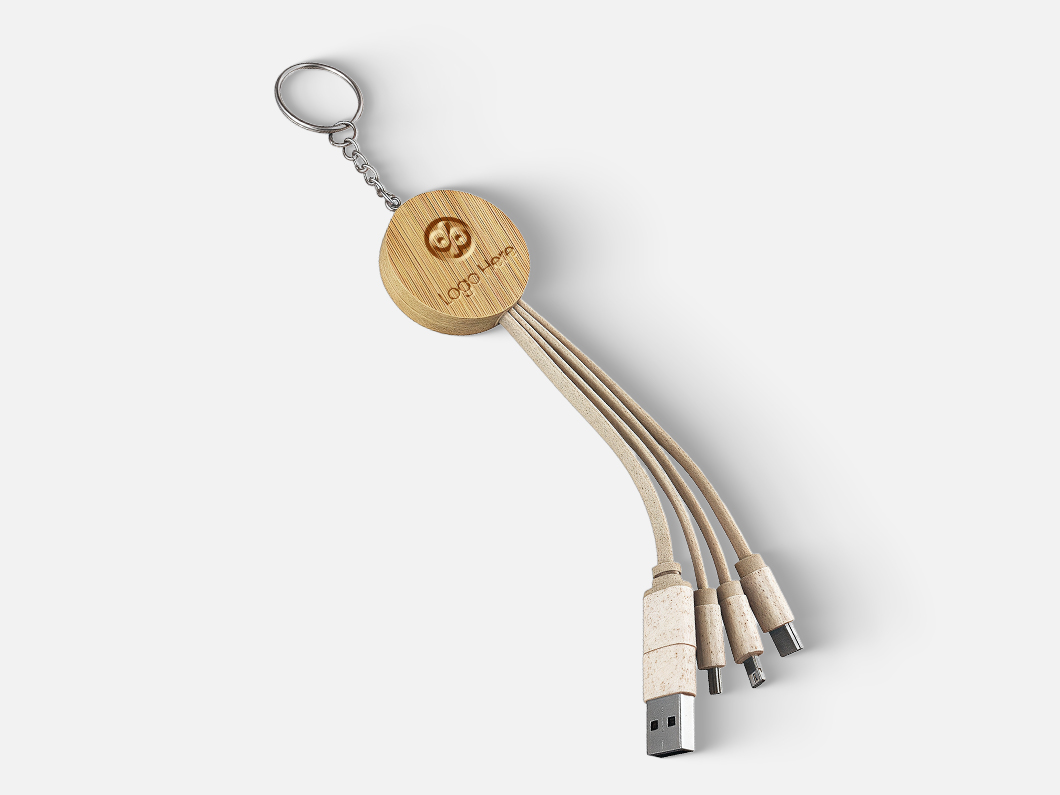 Eco 5-in-1 Round Bamboo Charging Cable Keychain