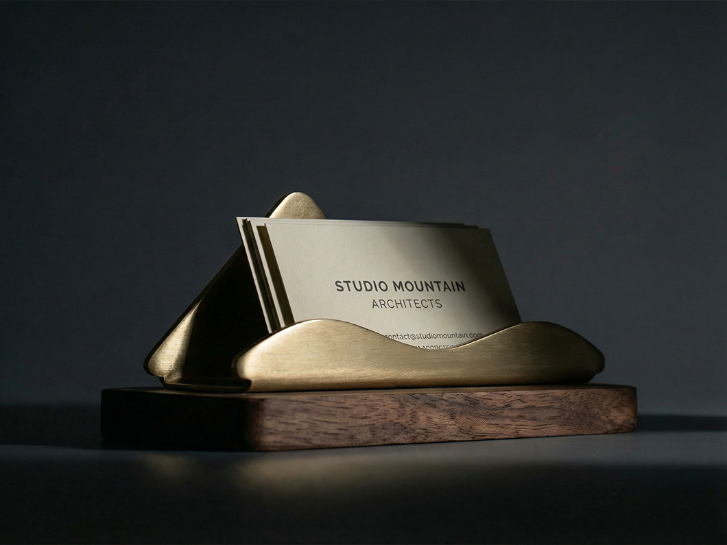 Brass Business Card Holder with Wood Base - View 2