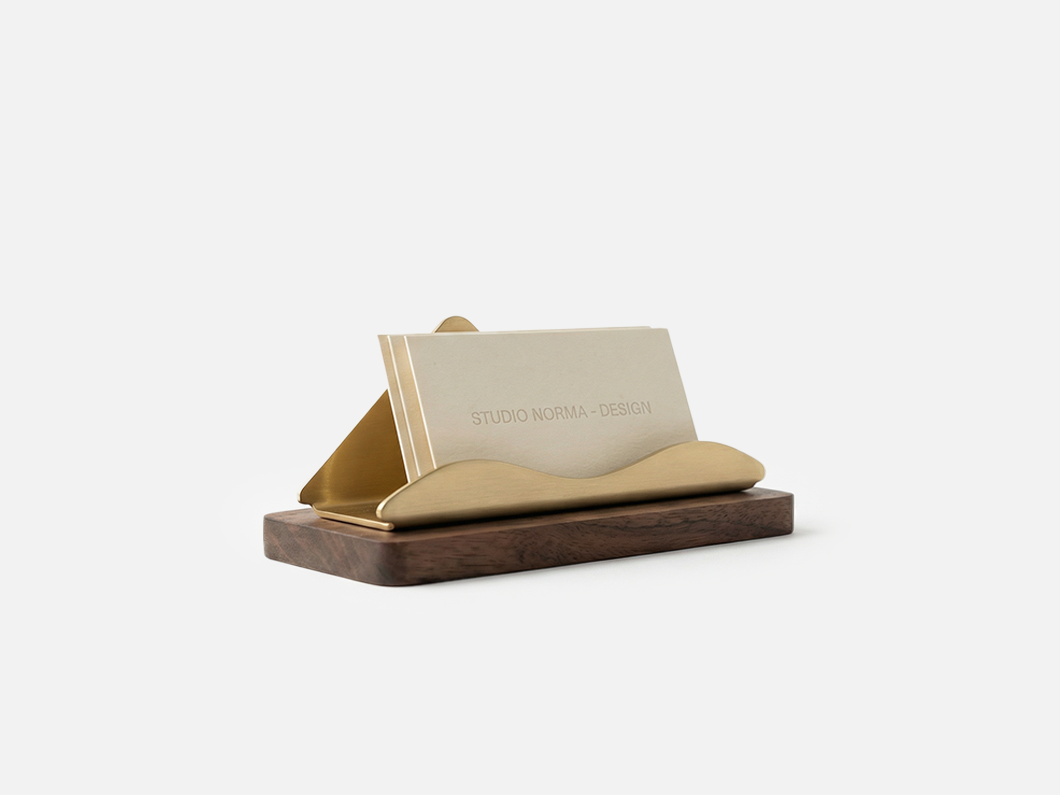 Brass Business Card Holder with Wood Base - View 3