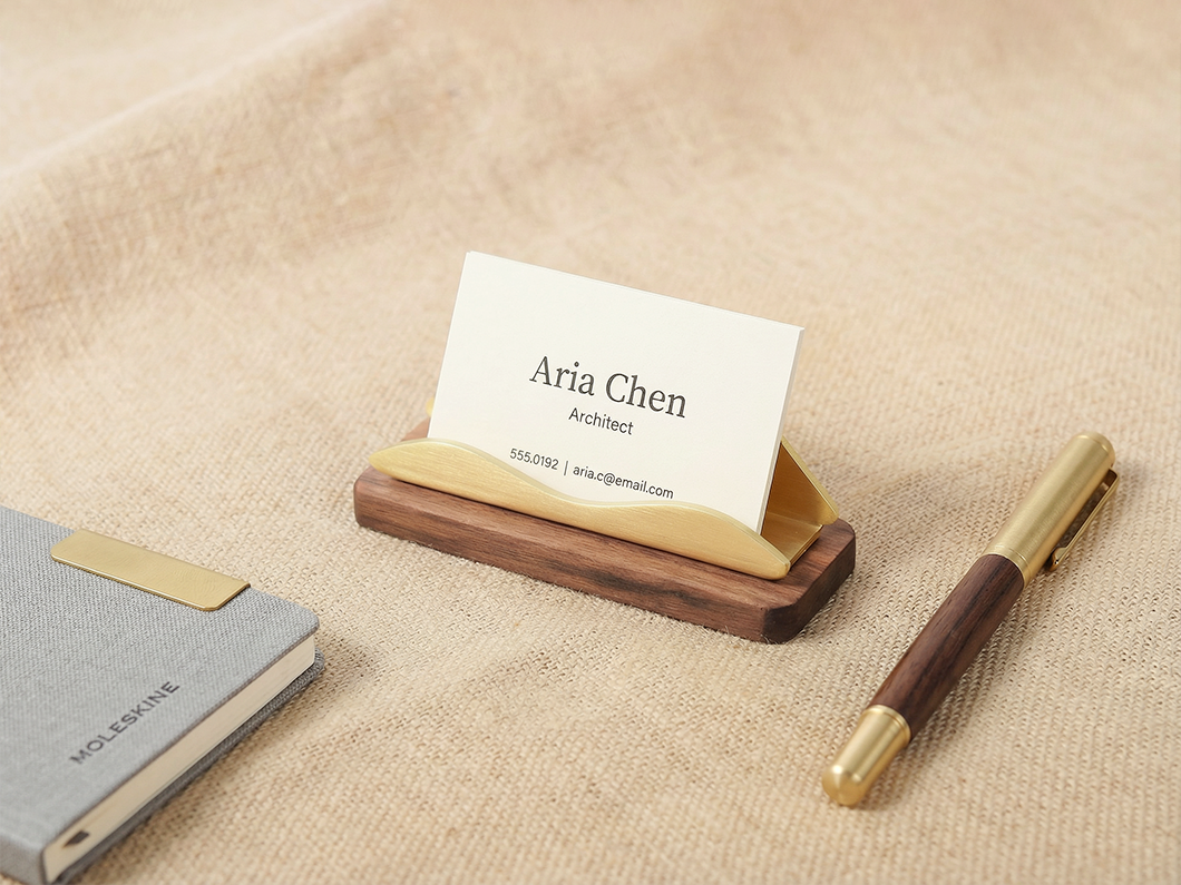 Brass Business Card Holder with Wood Base - View 5