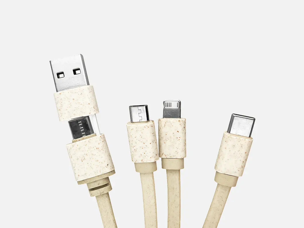 Eco 5-in-1 Round Bamboo Charging Cable Keychain