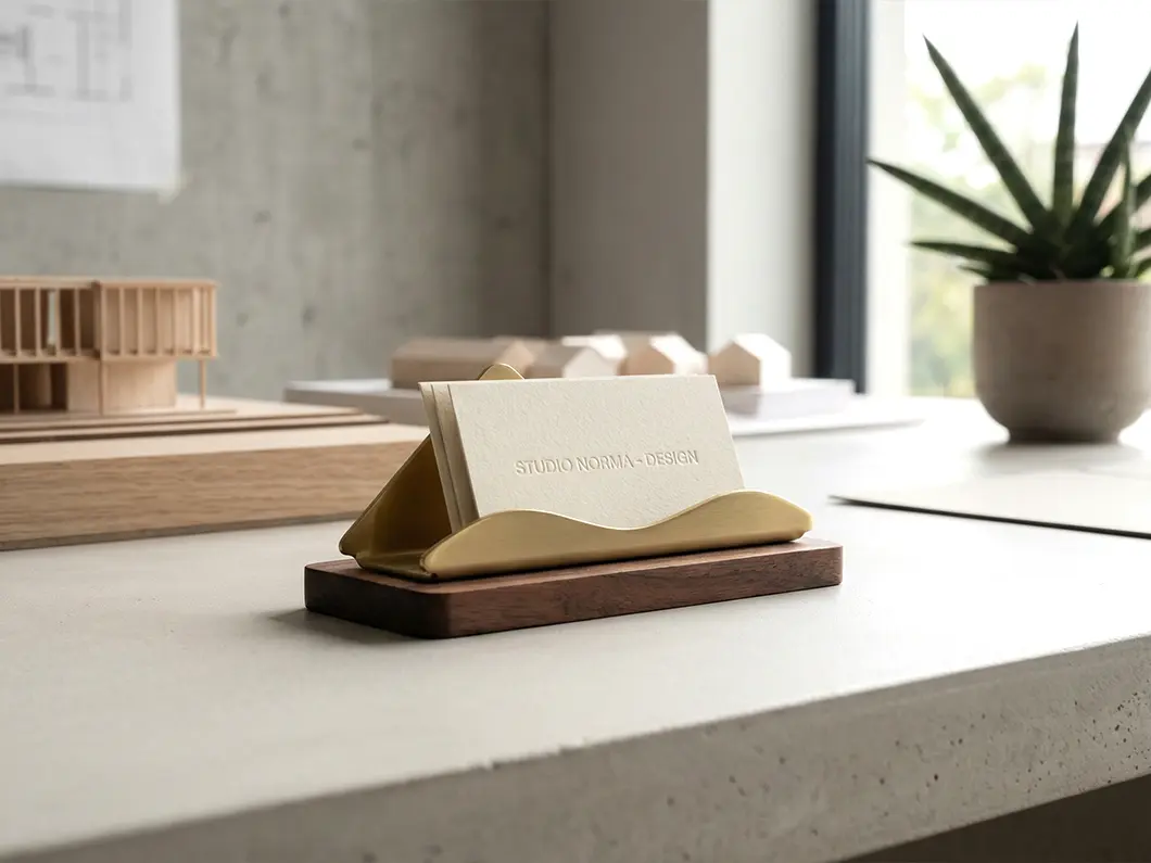 Brass Business Card Holder with Wood Base - Overview