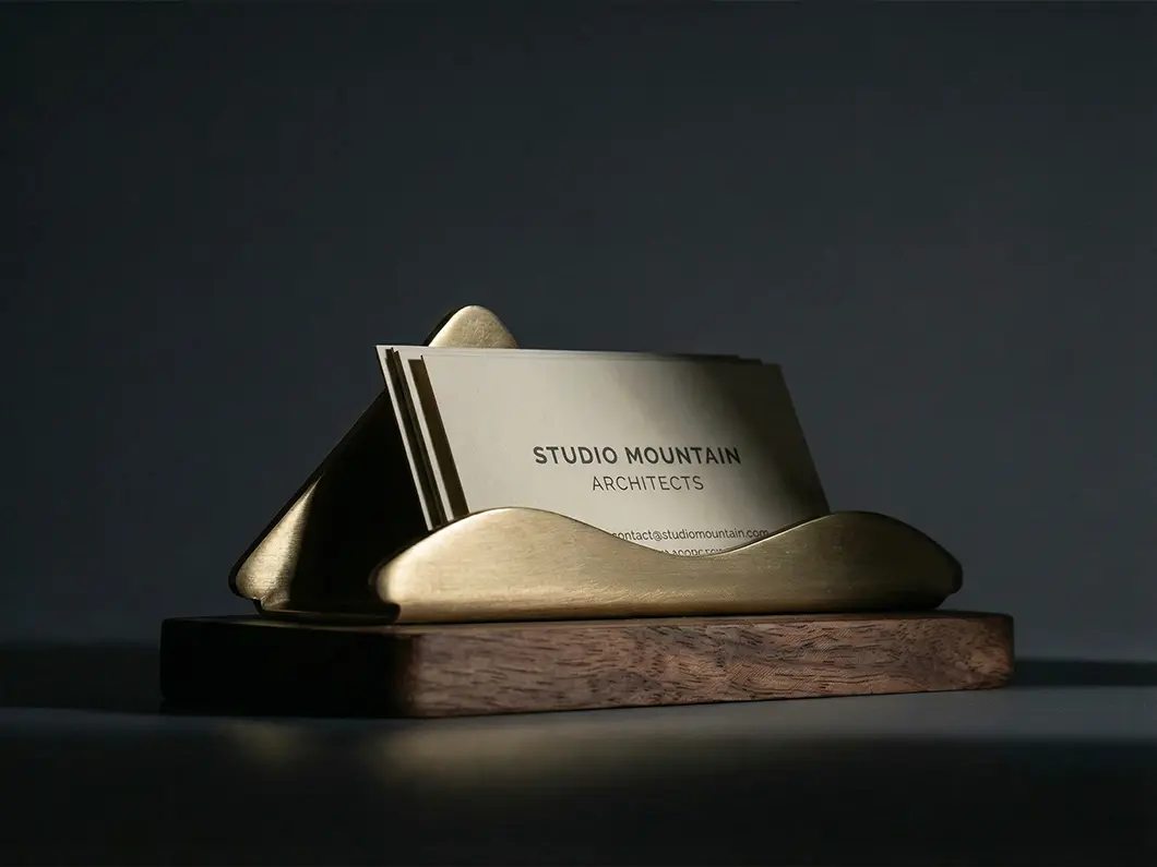 Brass Business Card Holder with Wood Base - View 2